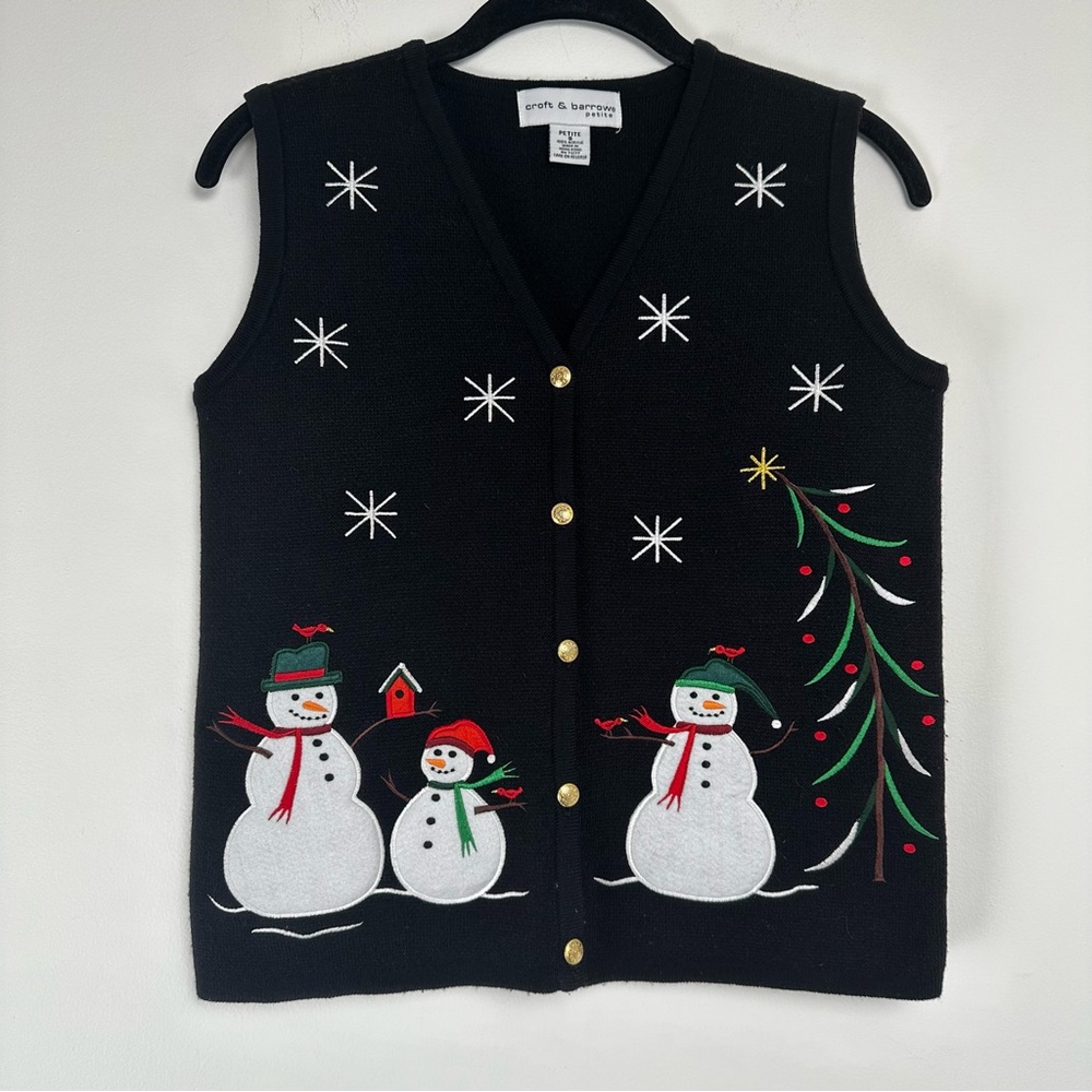 Croft & Barrow Women's Sweater Vest Size Petite Small Black Snowman Holliday‎